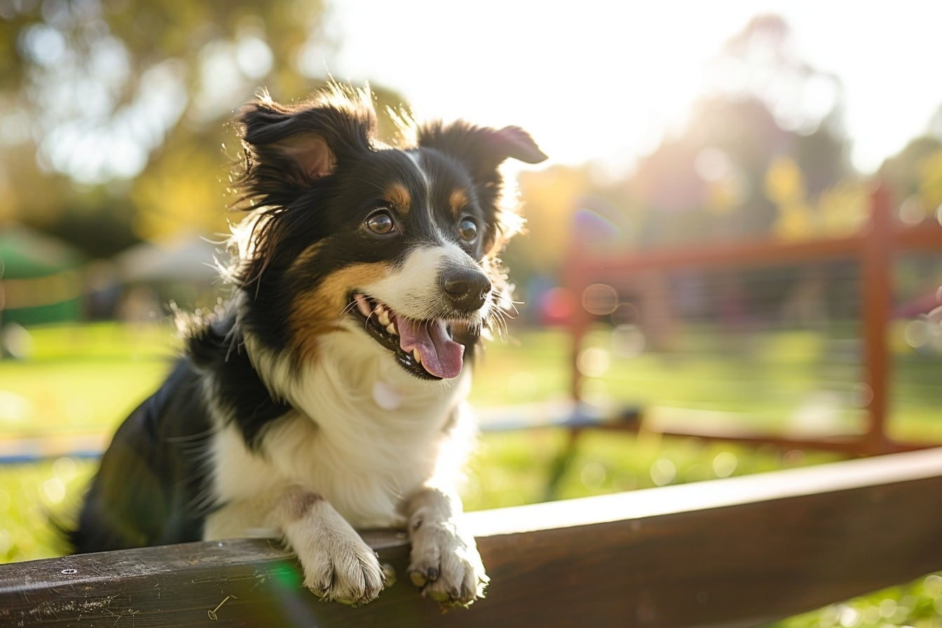 Chien et sa propriétaire courant ensemble sur un sentier boisé lors d’une activité sportive canine