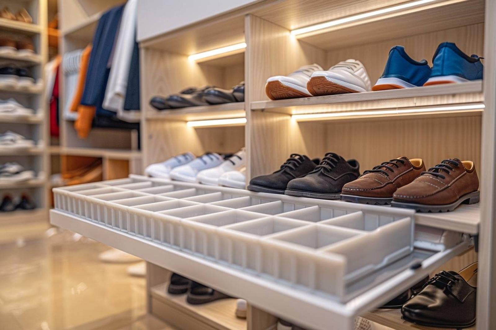 Dressing lumineux avec étagères organisées par catégories, contenant baskets, bottines, escarpins et boîtes de rangement à chaussures