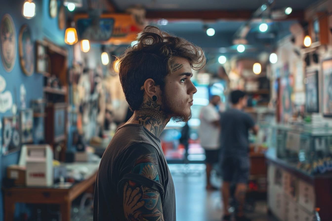 Personne examinant un dessin de tatouage et un pochoir avant une séance en studio