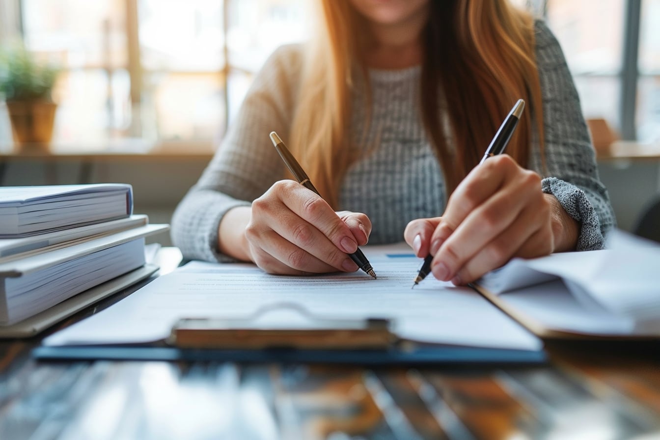 Couple et notaire relisant un compromis de vente immobilière sur un bureau avec les clés d’un logement