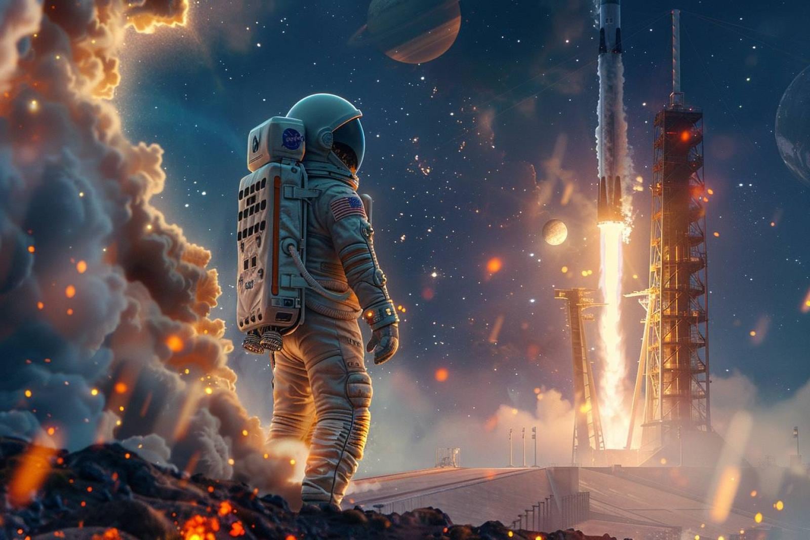 Astronaute civil flottant dans une capsule et observant la Terre par un grand hublot