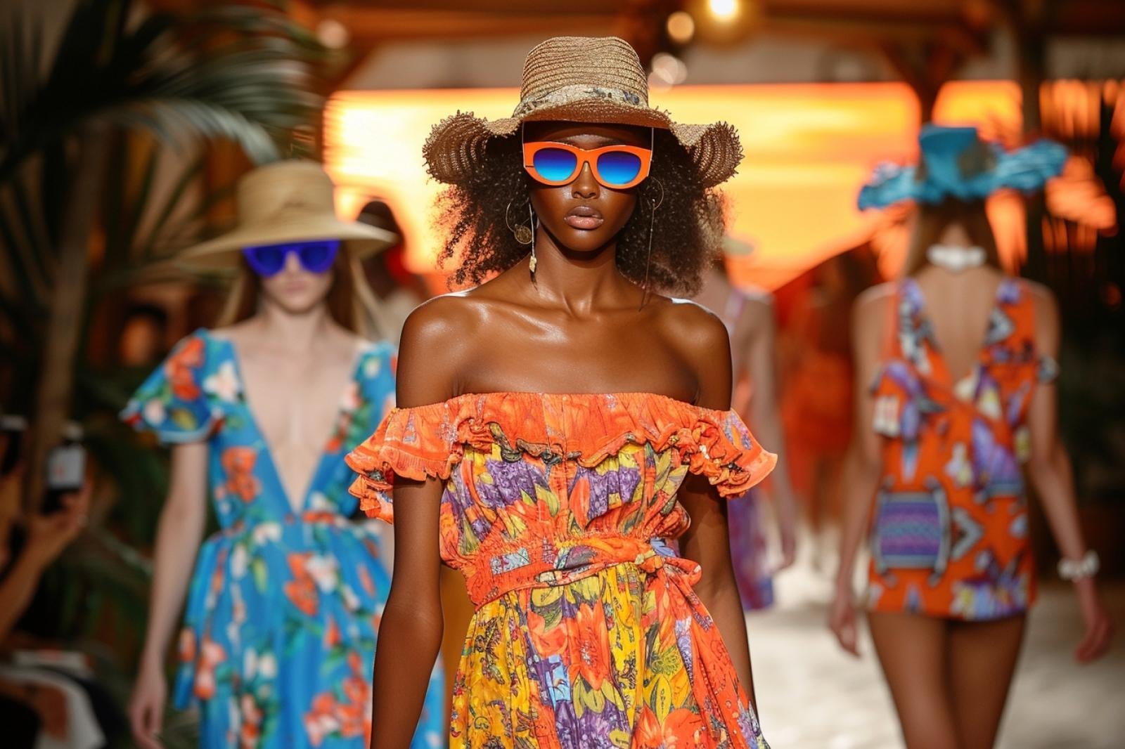 Silhouette estivale féminine composée d’une robe fluide imprimée et d’accessoires naturels dans une ambiance lumineuse