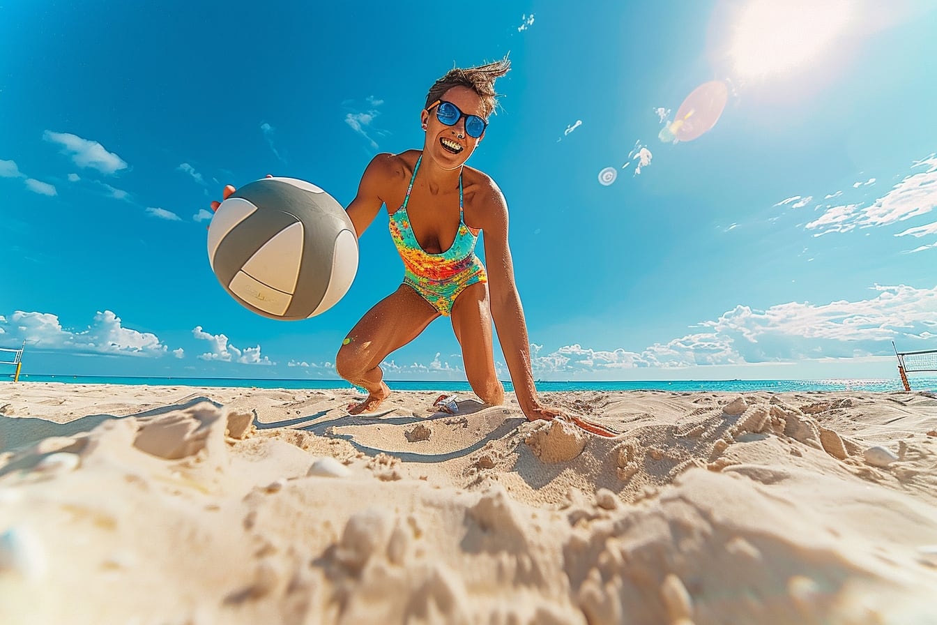 Joueurs de beach-volley sur un terrain de sable avec filet, ballon et ciel ensoleillé