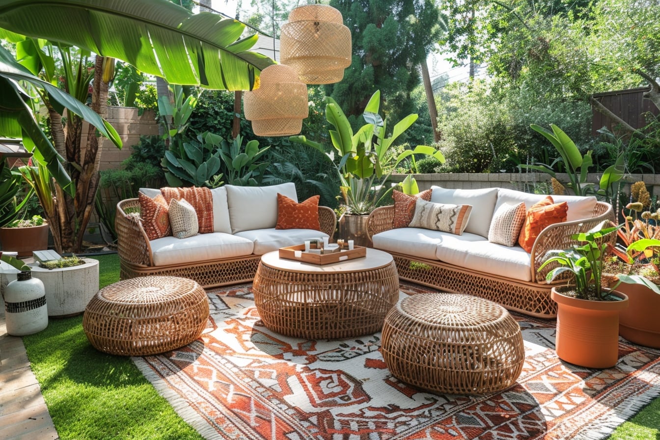 Terrasse moderne et accueillante décorée de coussins colorés, de plantes en pots et de mobilier en bois sous une lumière douce
