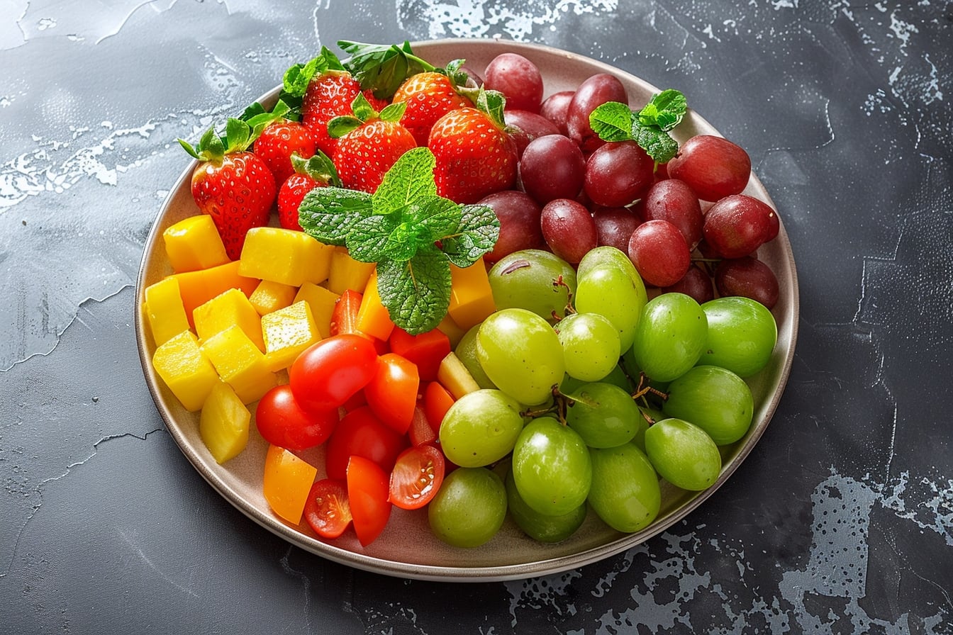 Assiette colorée composée de légumes, céréales complètes, légumineuses et source de protéines pour illustrer une alimentation équilibrée
