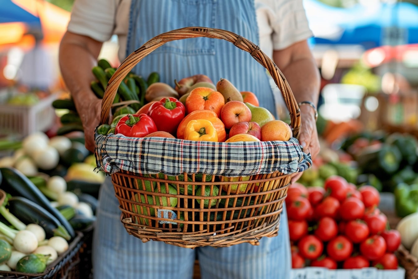 Panier de courses rempli de fruits et légumes frais de saison sur une table de cuisine