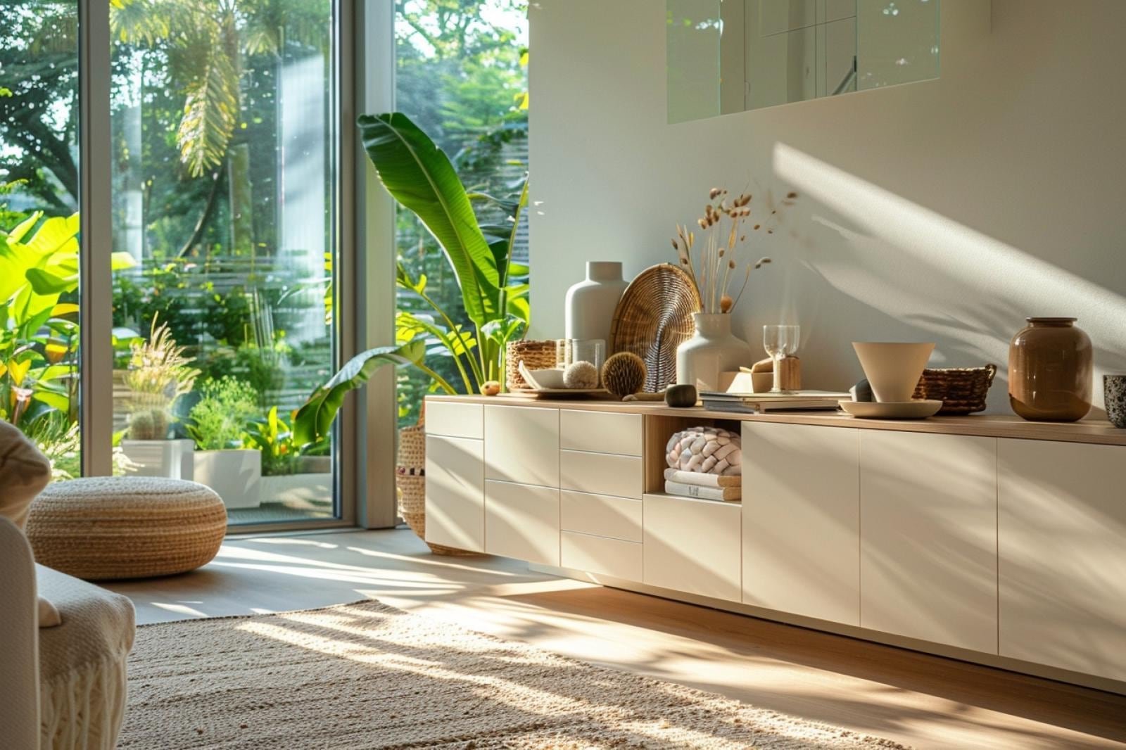 Buffet Ikea personnalisé en bois clair décoré d’une lampe, de cadres et de plantes dans un salon chaleureux
