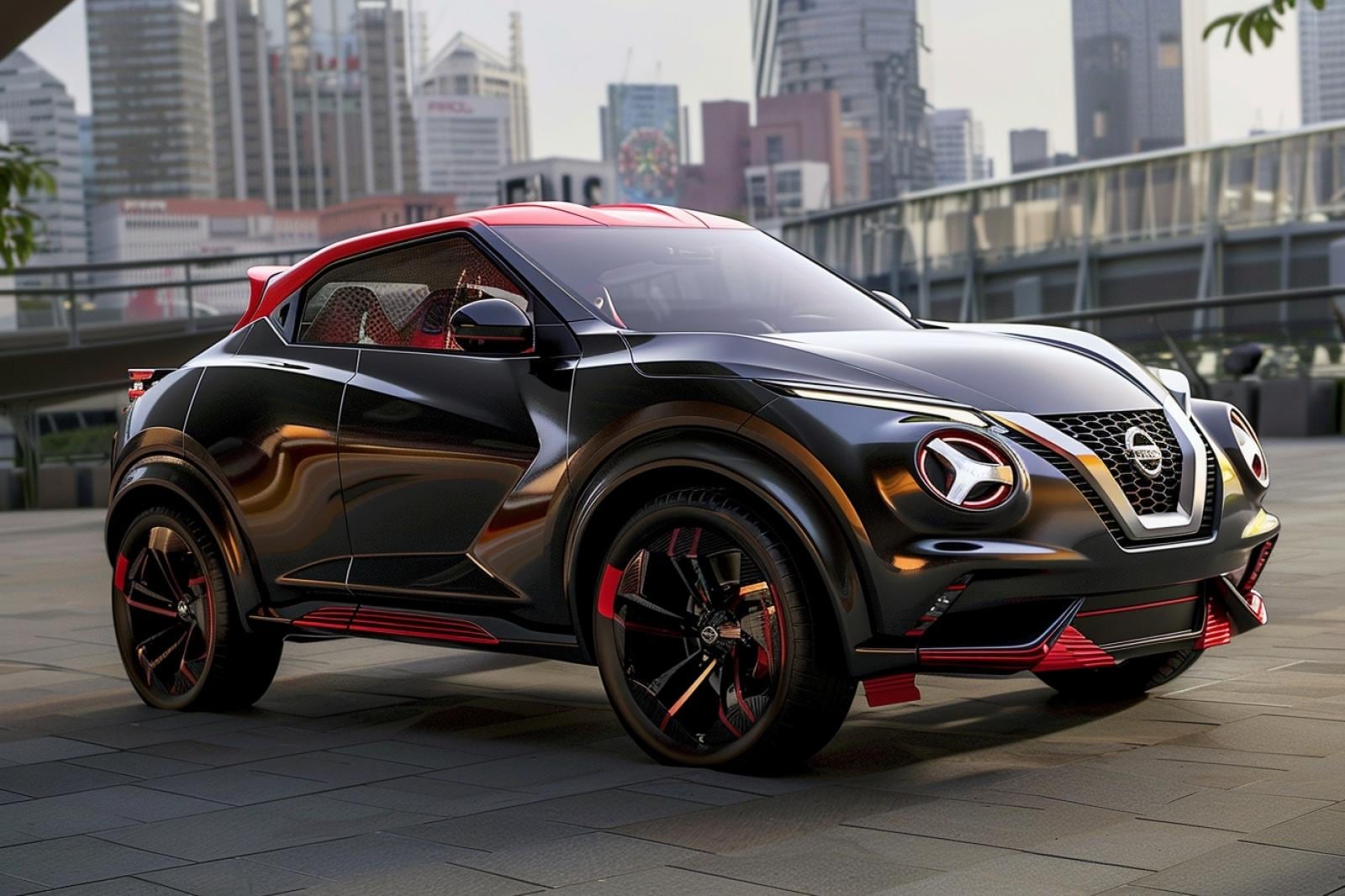 Nissan Juke R noire élargie, dotée de grandes prises d’air et de jantes sportives, stationnée sur une route