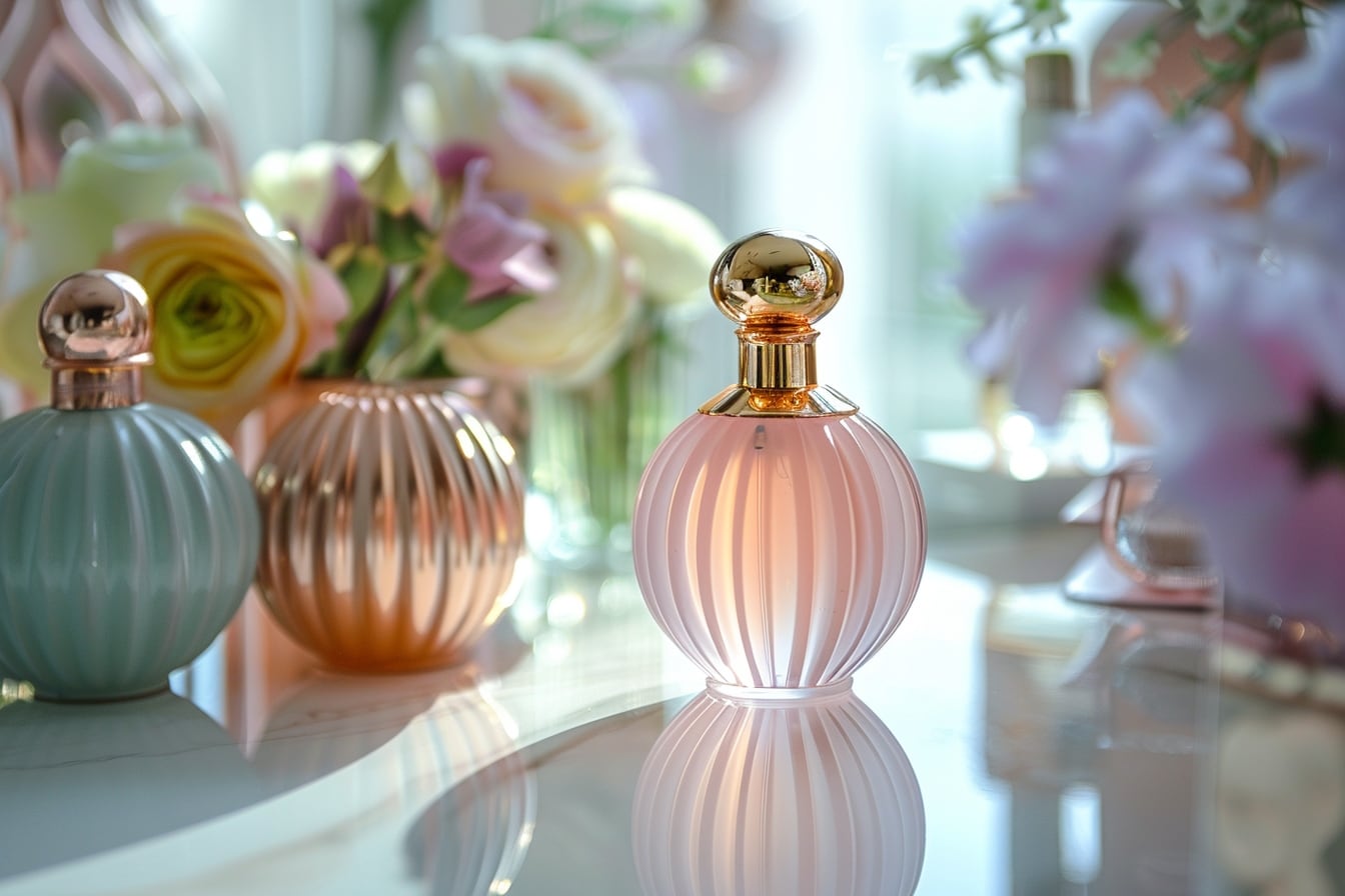 Flacon de parfum féminin posé sur une coiffeuse avec des fleurs et des notes boisées, évoquant une signature olfactive durable