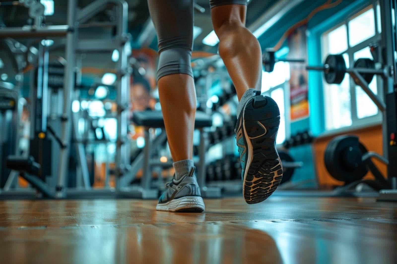 Personne en tenue de sport réalisant des fentes dans un salon lumineux, avec tapis et haltères au sol