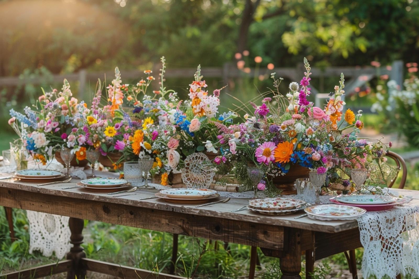 Table de mariage bohème en bois décorée de linge en lin, fleurs de saison, photophores et vaisselle en grès