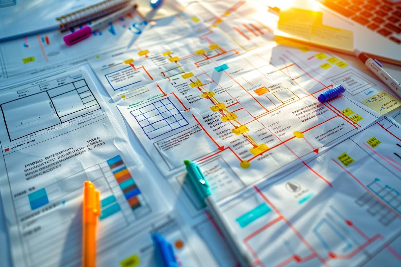Schéma hiérarchique de Product Breakdown Structure sur un tableau, avec des composants de projet reliés au produit final