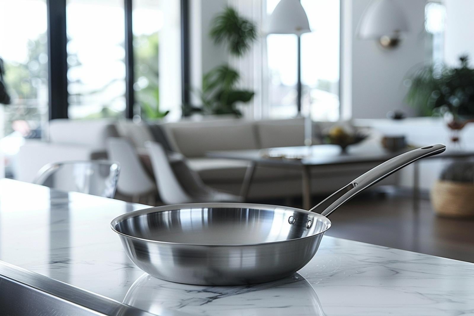 Deux poêles de cuisine de matériaux différents posées sur un plan de travail avec une spatule en bois