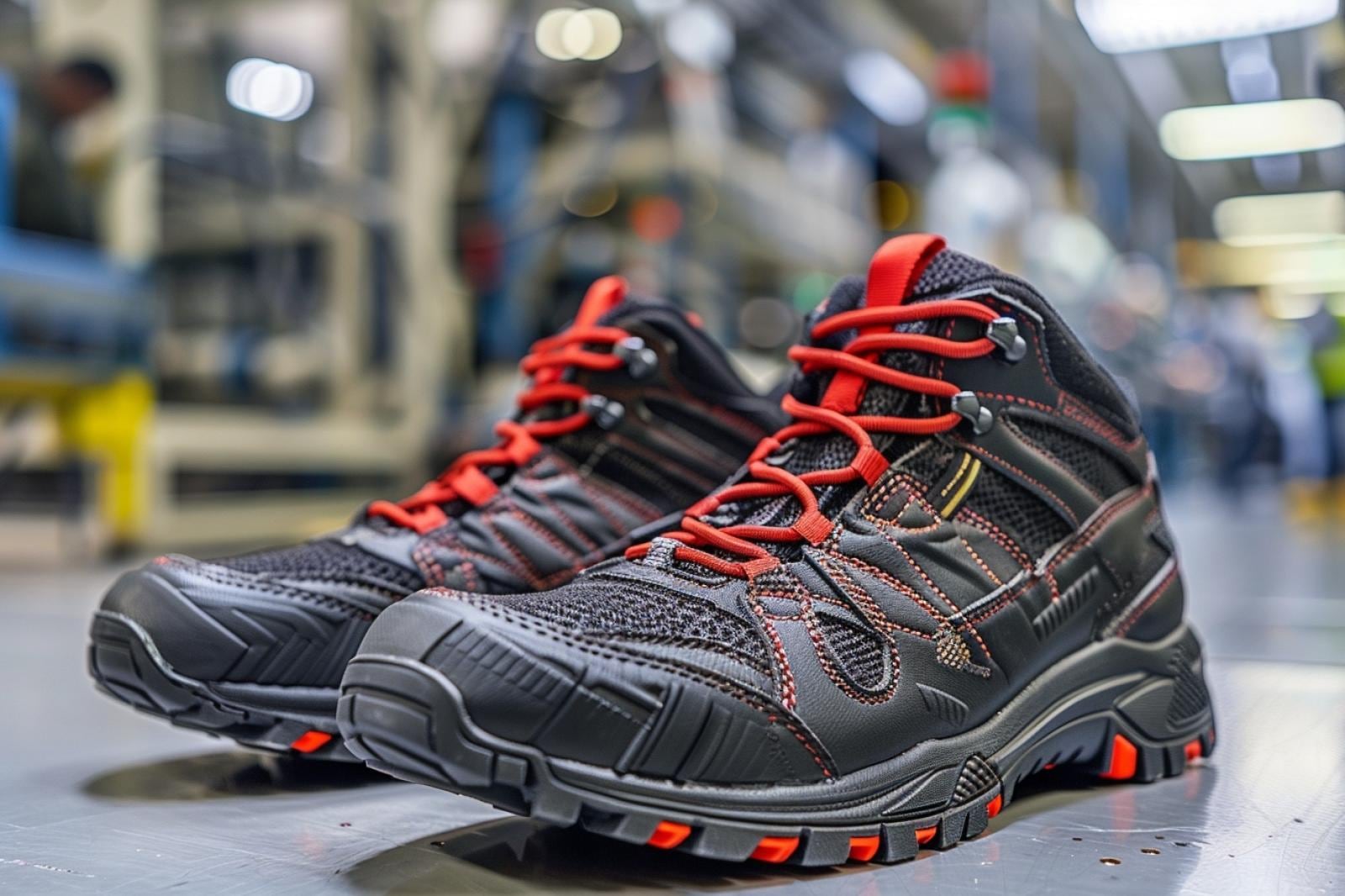 Professionnel essayant une paire de chaussures de sécurité robustes dans un environnement de travail industriel
