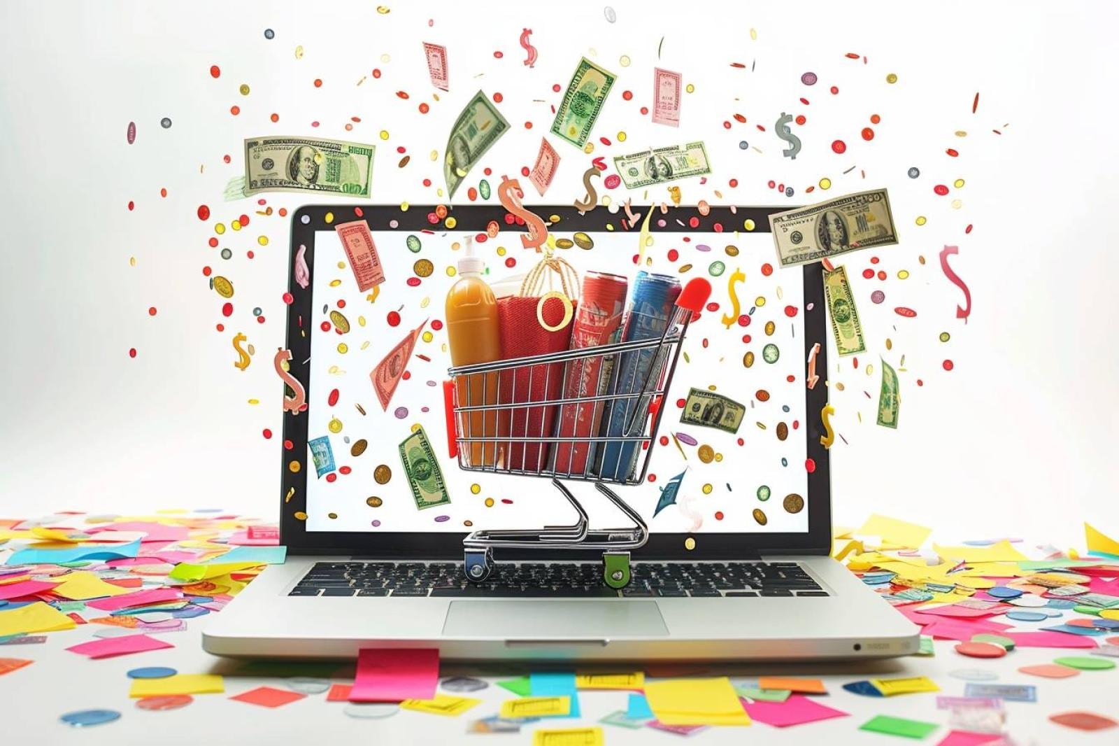 Personne comparant des prix, un code promotionnel et une offre de cashback sur un ordinateur portable avant un achat en ligne