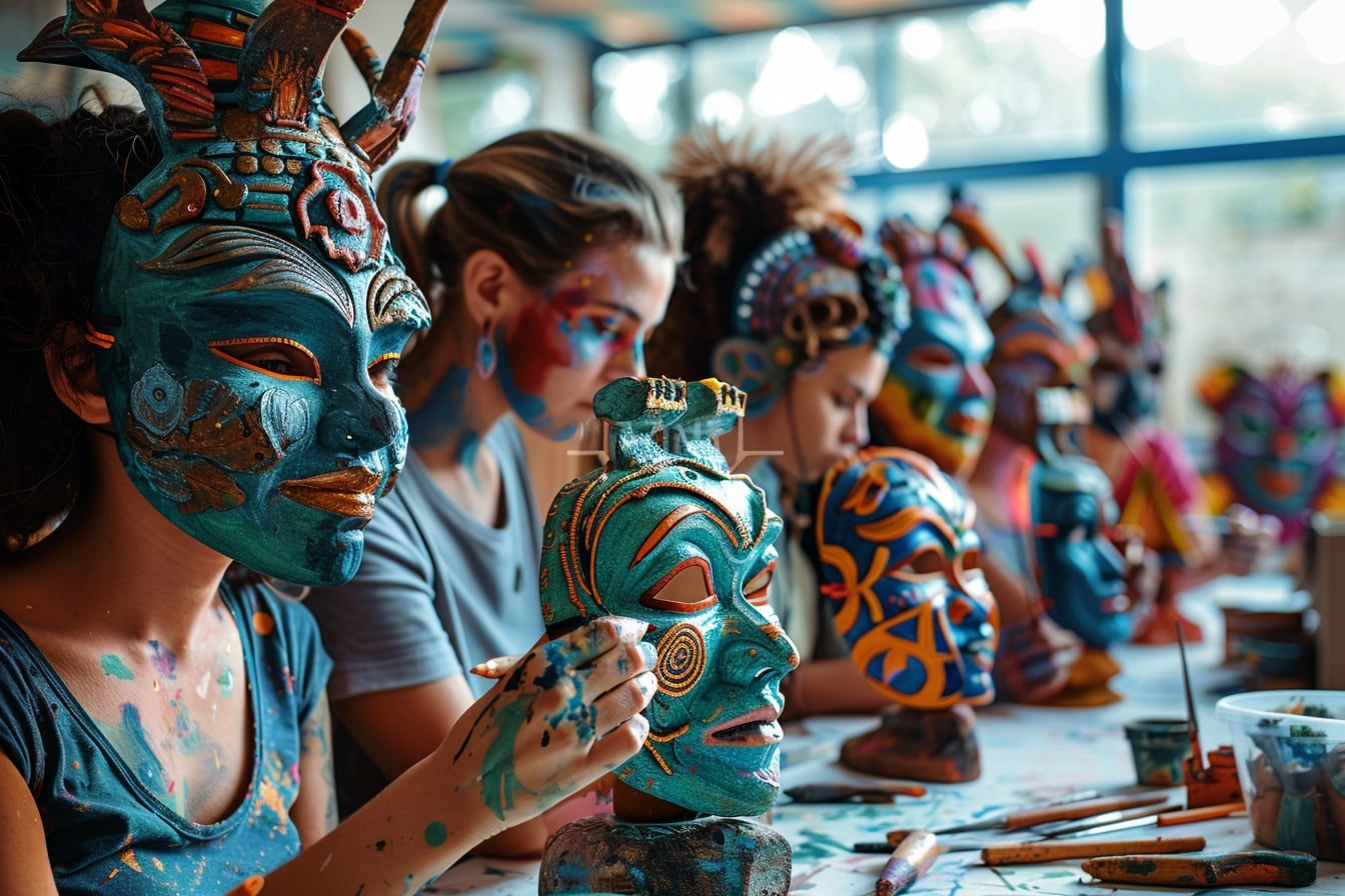 Table créative avec masques en carton colorés, pinceaux, papiers découpés et accessoires décoratifs prêts pour un atelier artistique