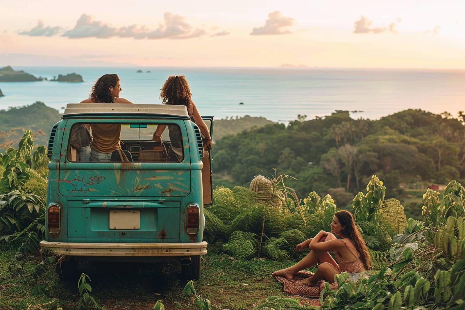 Voiture garée près d’un paysage naturel, avec cartes routières, gourdes réutilisables et sacs de voyage prêts pour un road trip responsable