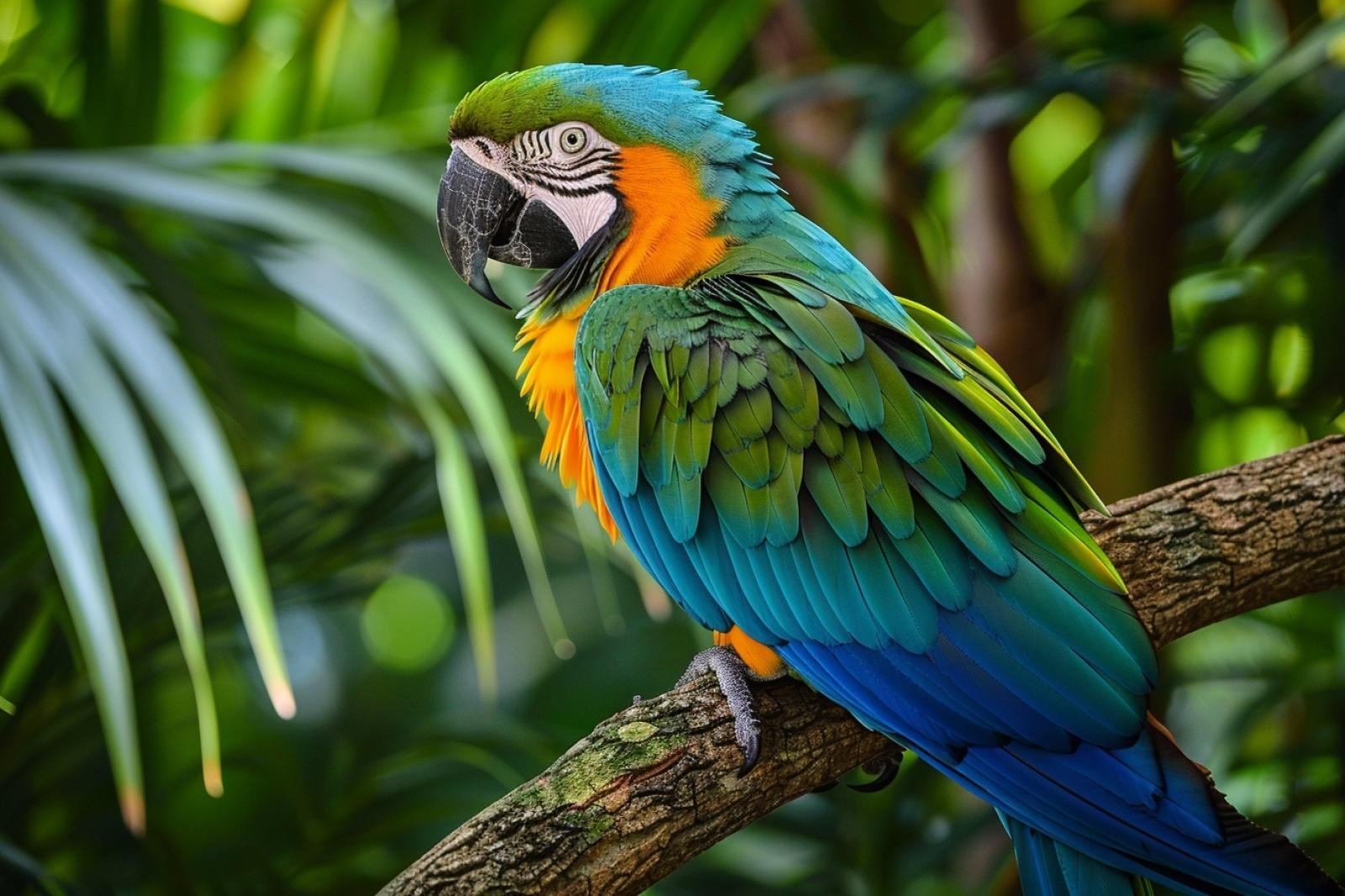 Perroquet coloré perché sur une branche, observant attentivement son environnement