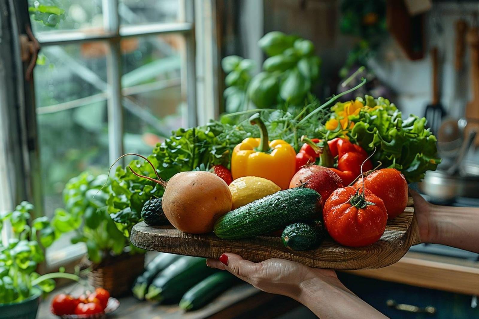Panier de légumes bio de saison, légumineuses en bocaux et céréales complètes sur une table de cuisine