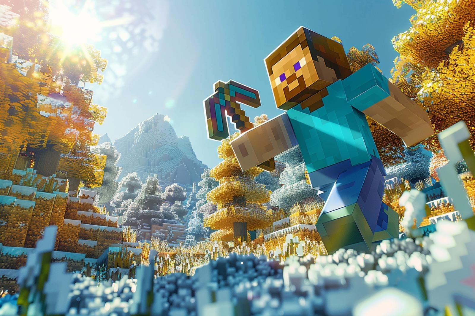 Steve de Minecraft tenant une pioche dans un paysage cubique composé de forêts, de montagnes et de blocs
