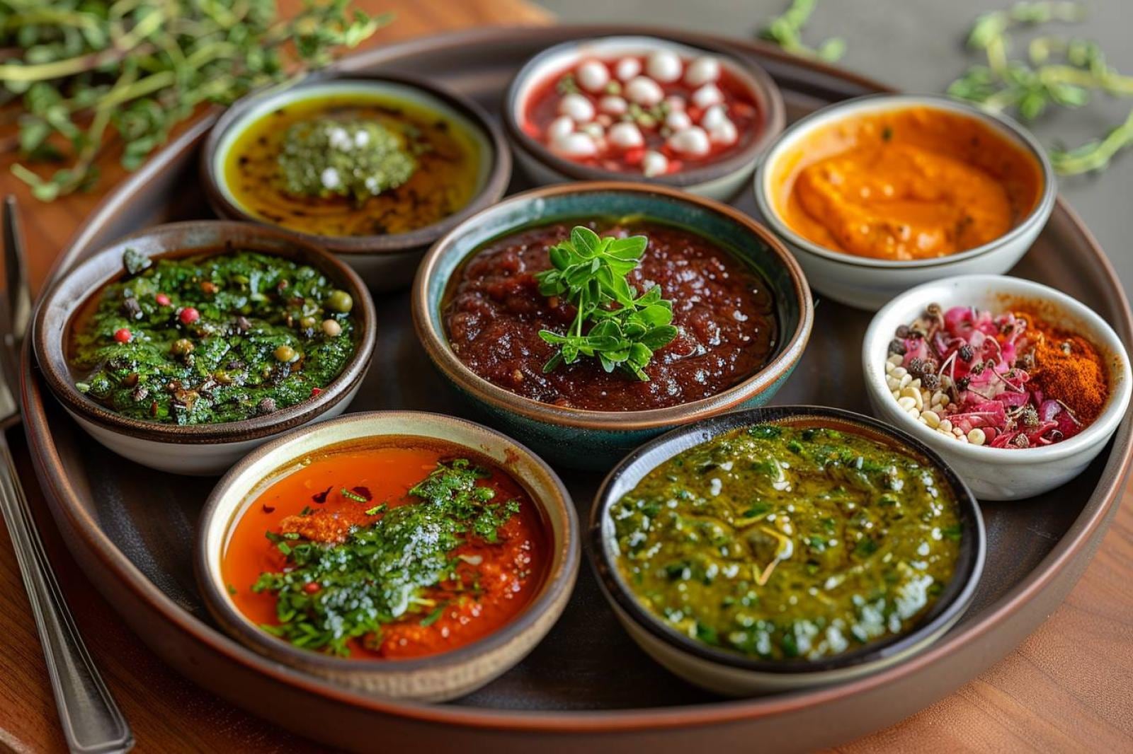 Bol de sauces végétaliennes maison avec pesto vert, mayonnaise crémeuse et sauce tomate, entouré de légumes et de pâtes