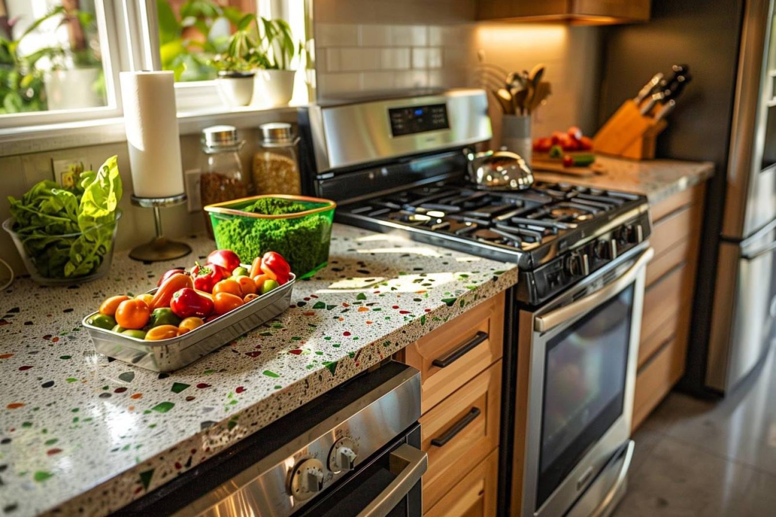 Cuisine lumineuse et organisée avec bocaux en verre, légumes frais, sacs réutilisables et produits d’entretien naturels sur le plan de travail