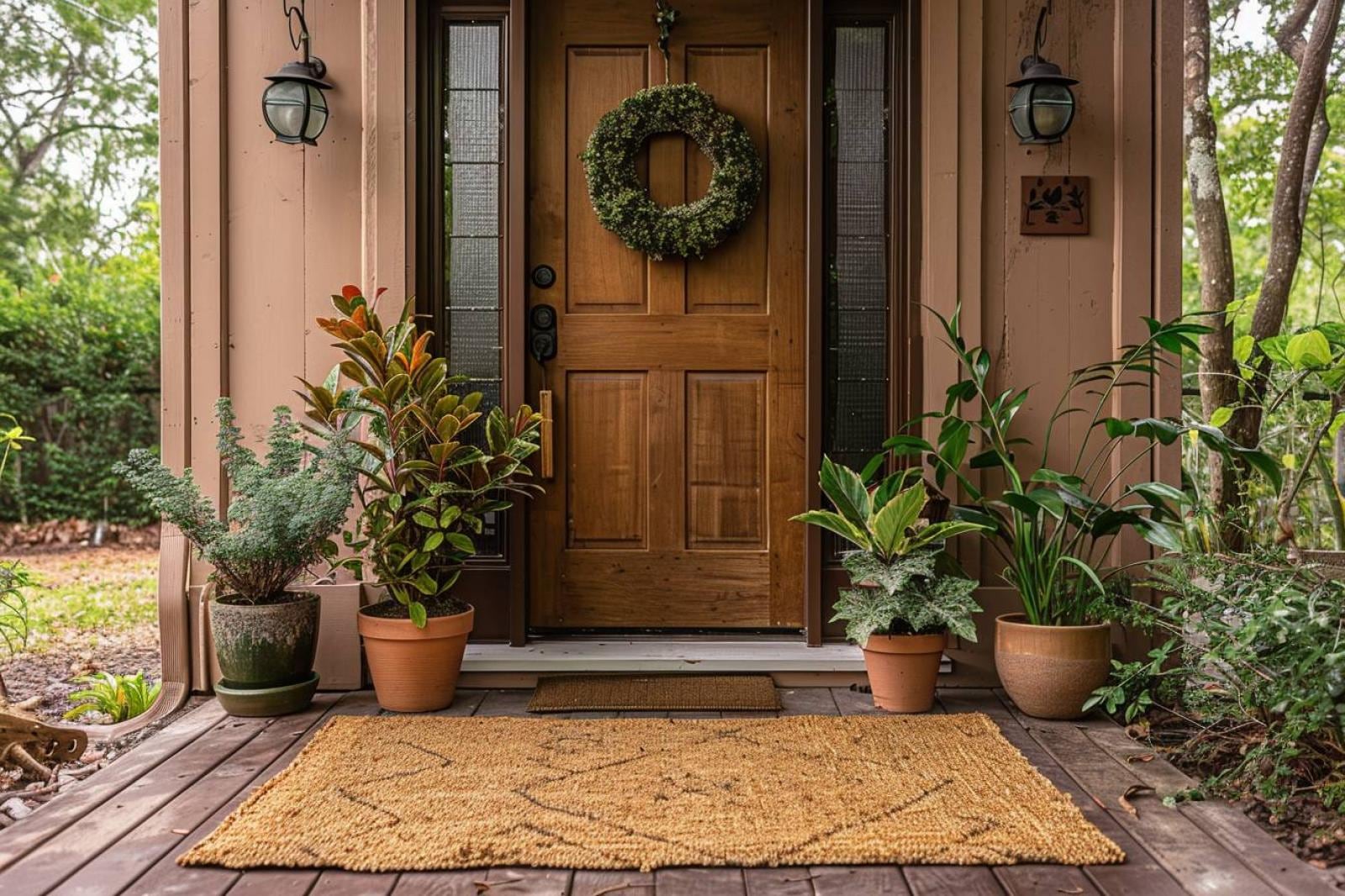 Entrée de maison chaleureuse avec banc en bois, miroir rond, tapis naturel et paniers en osier