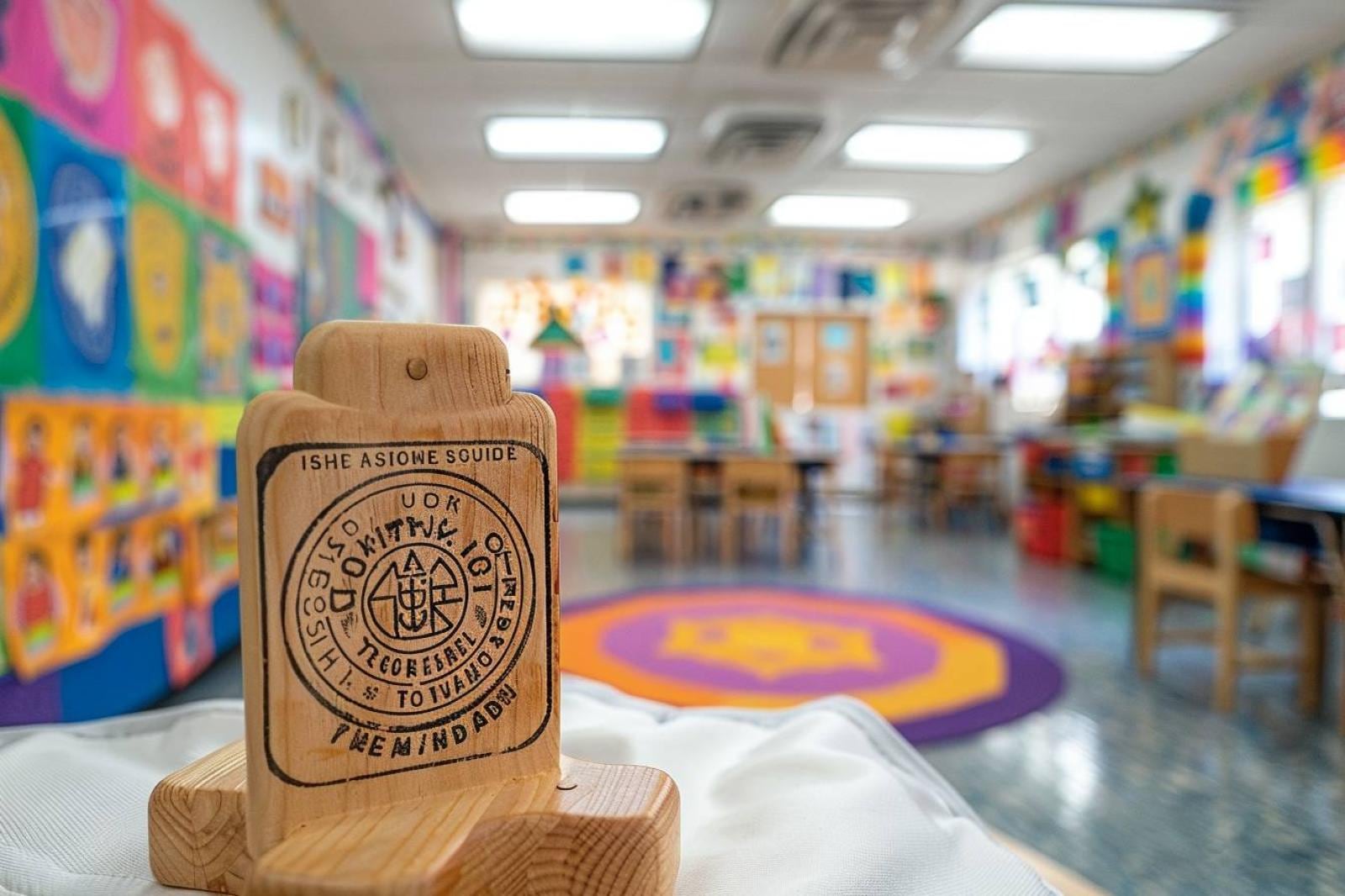 Vêtements d’enfant pour l’école soigneusement pliés avec un tampon textile personnalisé posé à côté