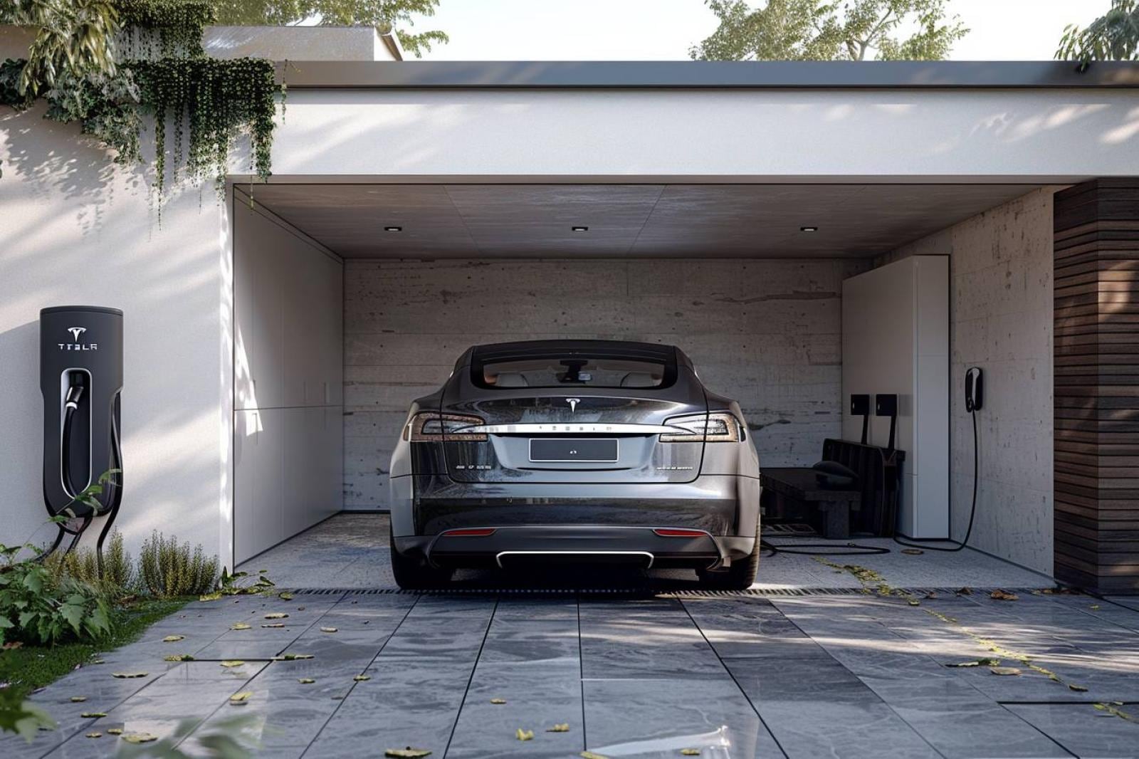 Tesla stationnée près d’une maison, écran central allumé et smartphone connecté dans l’habitacle