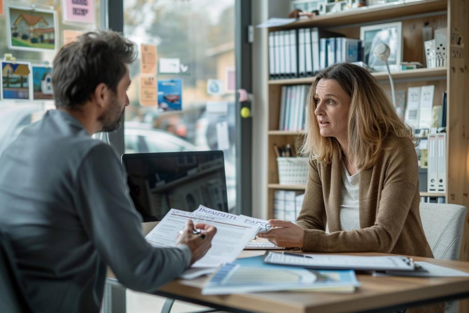 Couple relisant un contrat d’assurance logement avec un conseiller autour d’une table