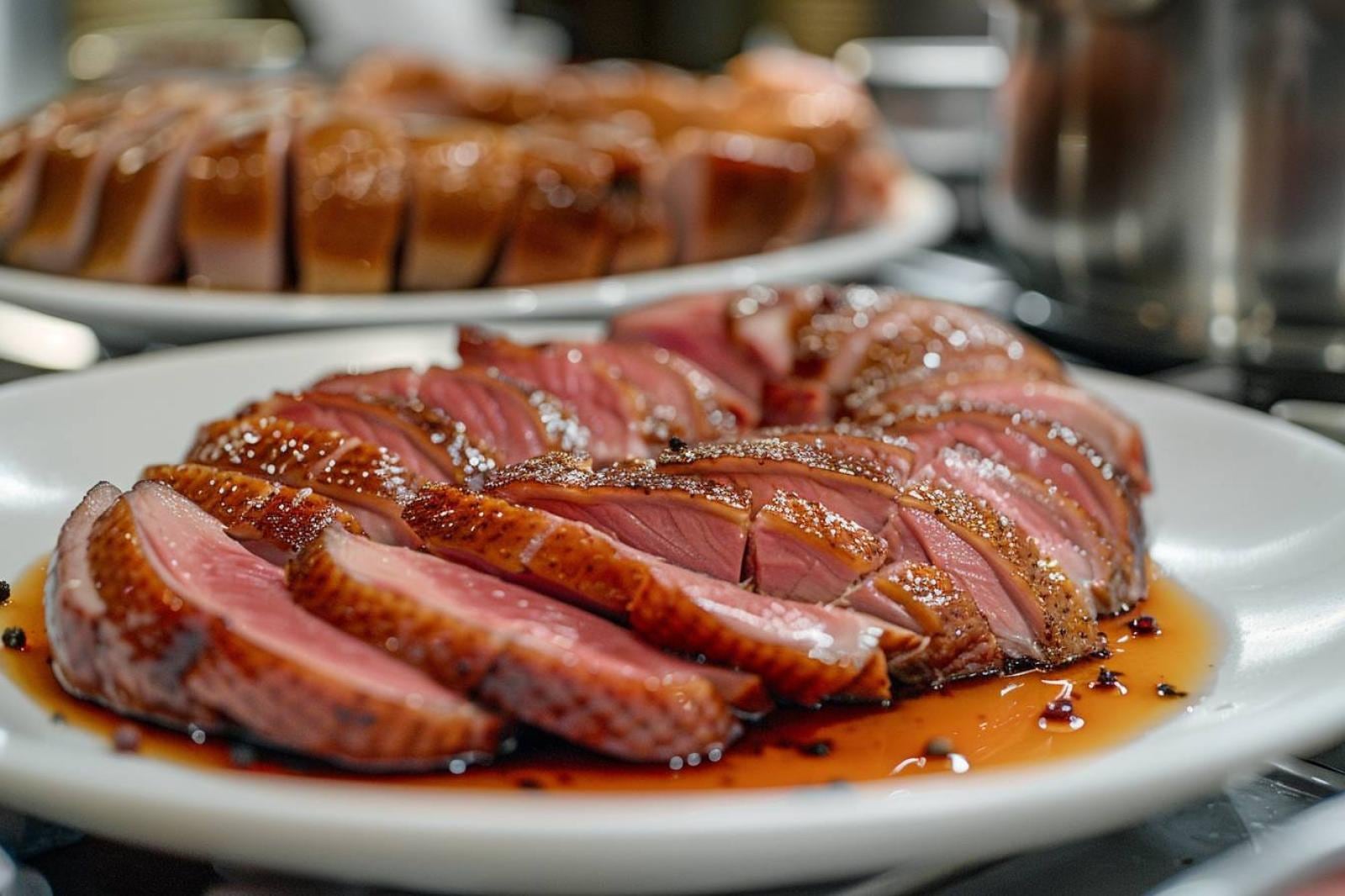 Fines tranches de magret fumé dressées avec betterave, herbes fraîches et éclats de noisette dans une assiette gastronomique