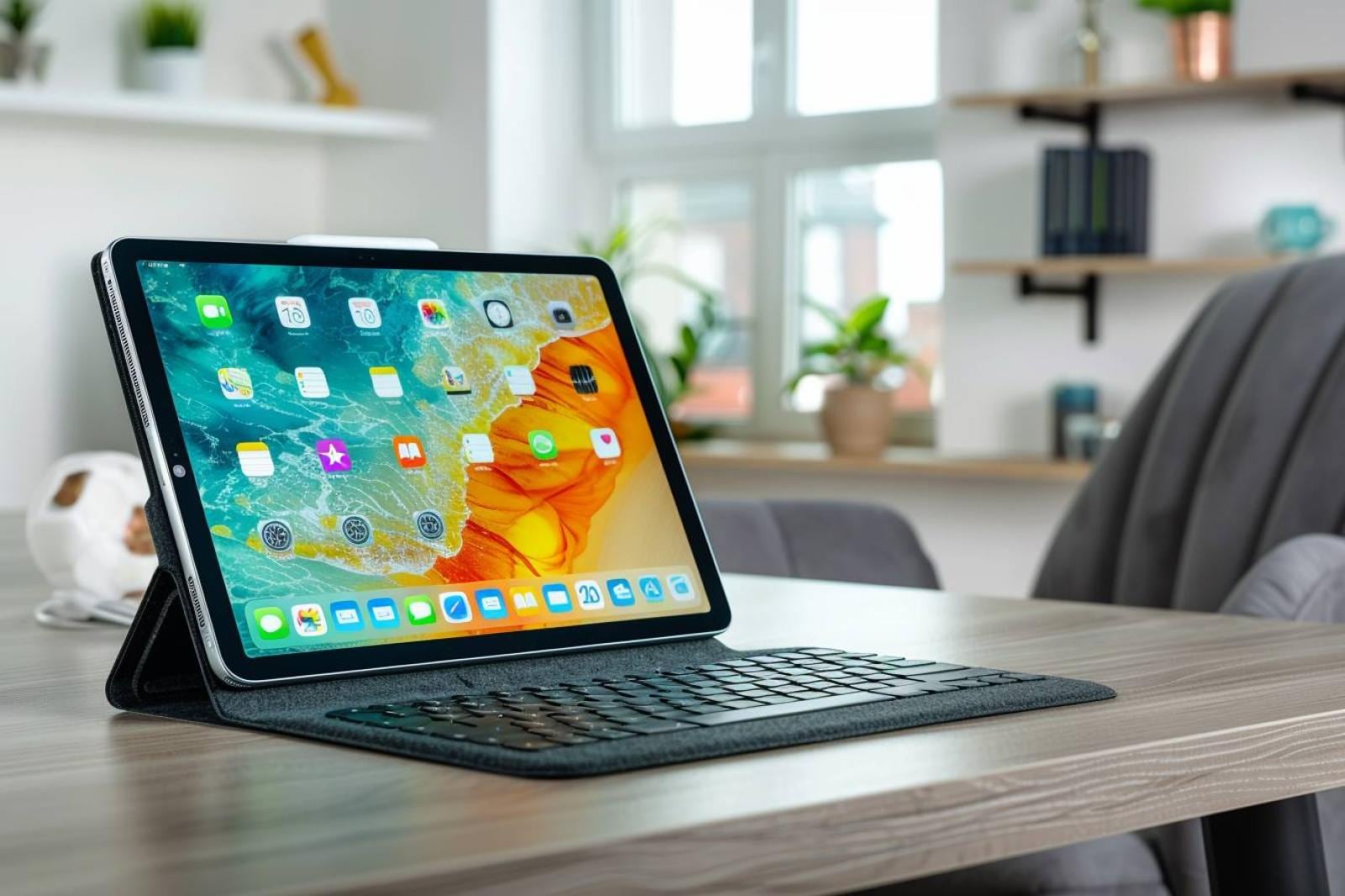Tablette posée sur un bureau et reliée à un clavier externe pour rédiger un document