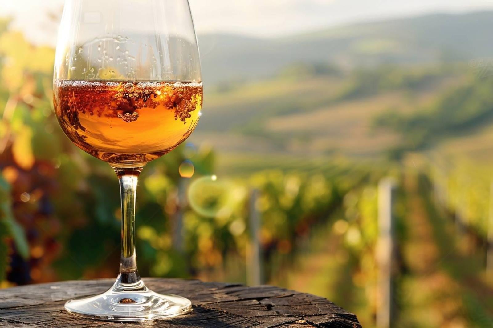 Verre de vin orange ambré posé sur une table de dégustation avec raisins blancs et bouteille