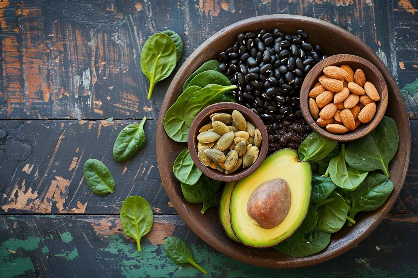 Assortiment de graines, amandes, légumes verts, légumineuses et chocolat noir, sources alimentaires de magnésium