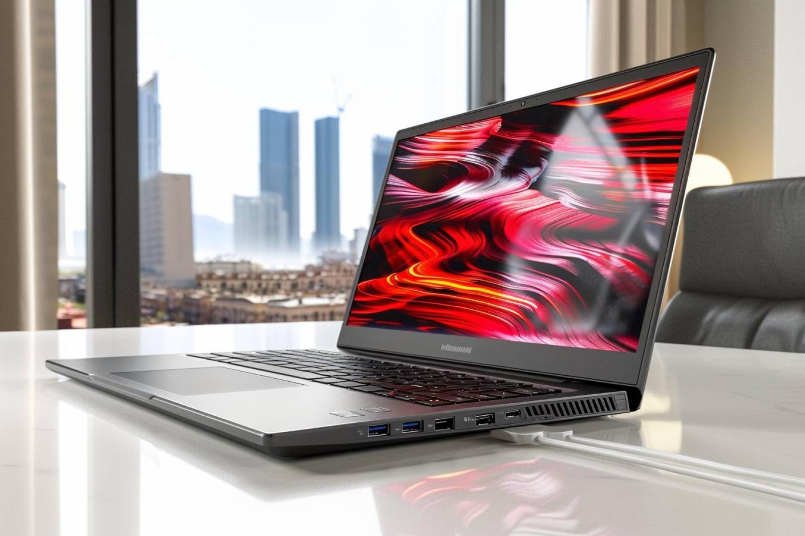 Ordinateur portable ouvert sur un bureau avec ports USB-C, USB-A, HDMI et accessoires connectés