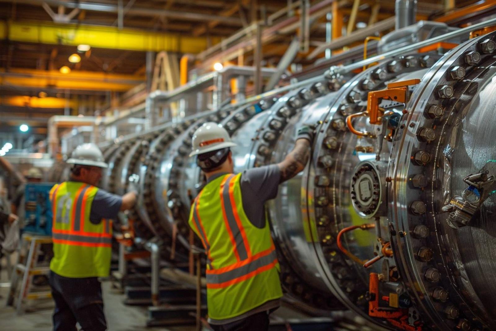 Technicien contrôlant une installation de chauffage industriel et ses réseaux dans une chaufferie