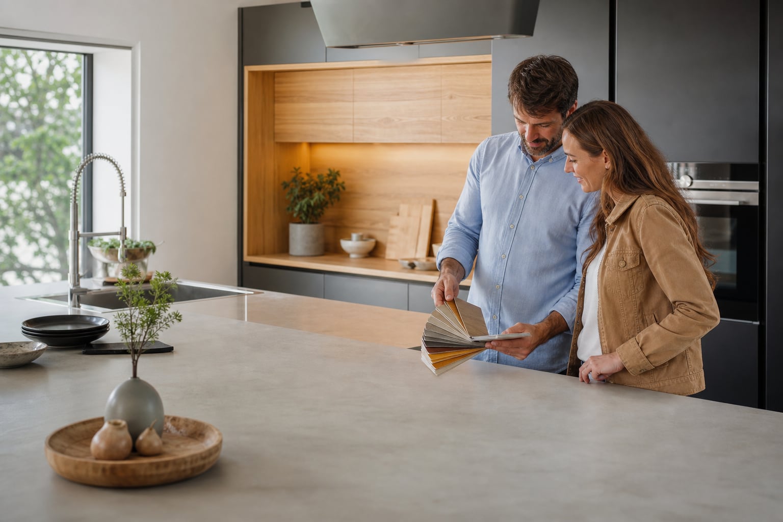 Cuisine équipée moderne avec îlot central, rangements intégrés et plan de travail lumineux