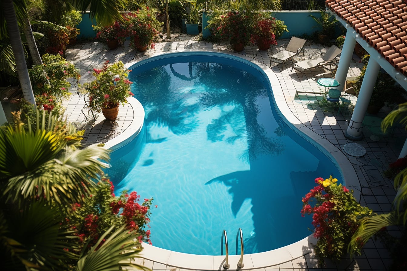 Piscine extérieure en cours de rénovation avec margelles retirées, revêtement du bassin et équipements techniques visibles