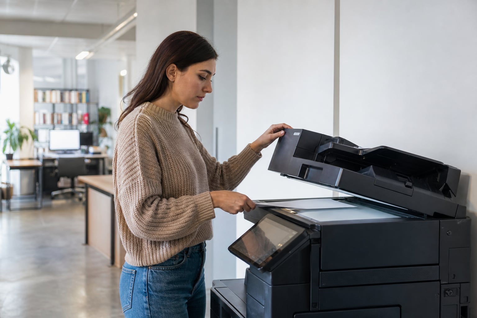Personne comparant des documents imprimés en couleur et noir et blanc dans un atelier de reprographie