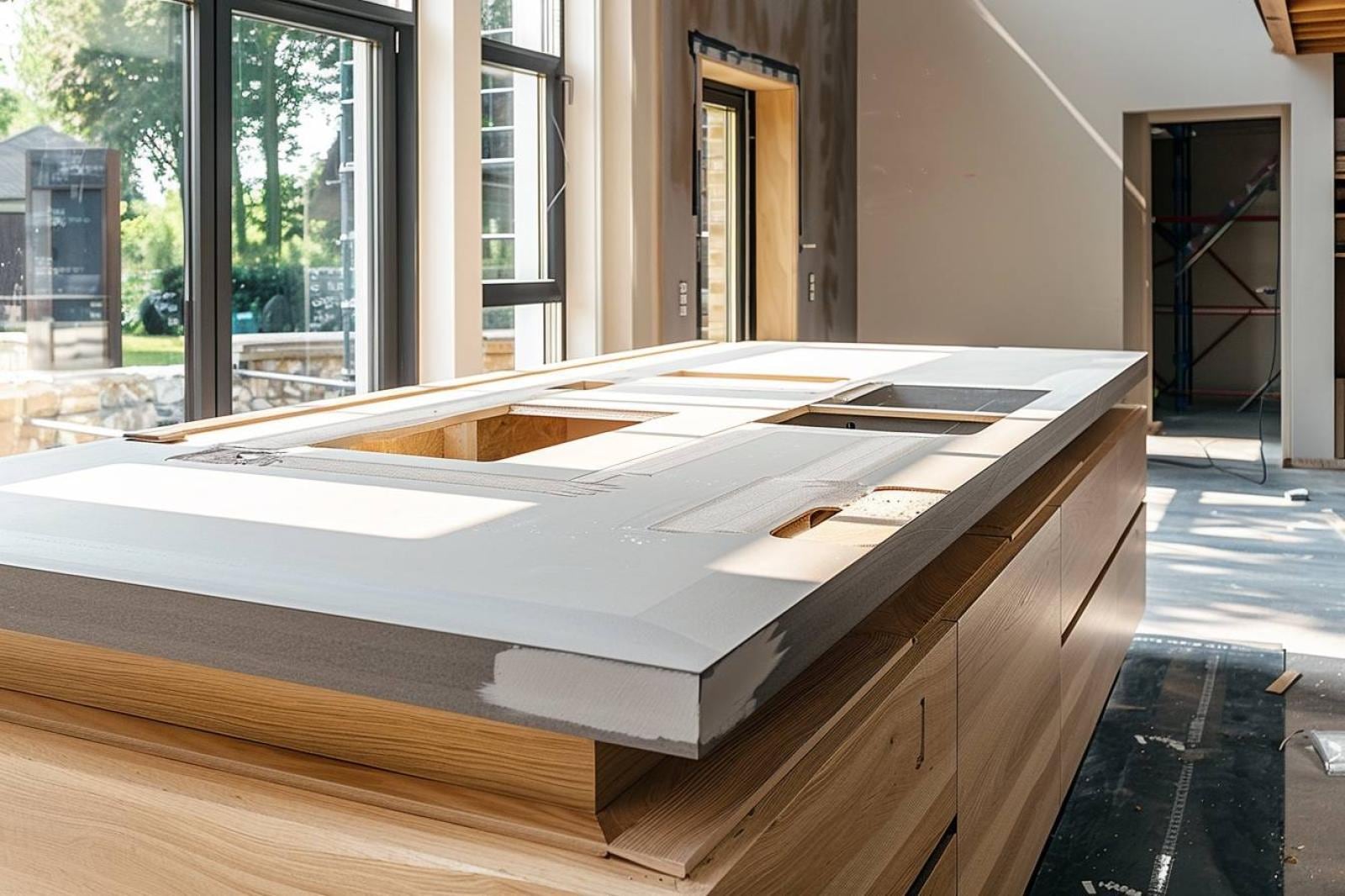 Cuisine ouverte contemporaine avec îlot central et plan de travail sur mesure, évier encastré et espace repas avec tabourets