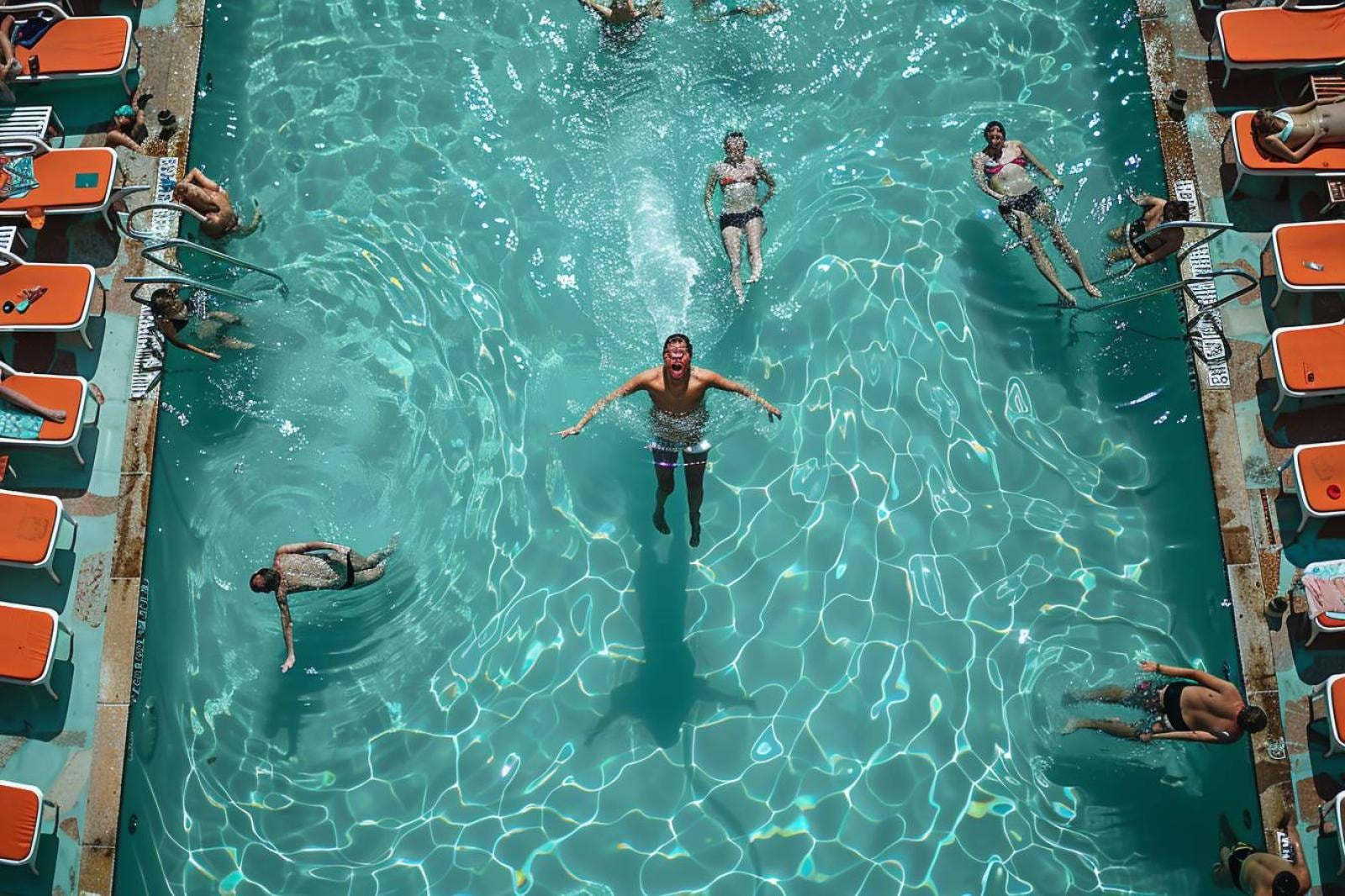 Famille en vacances surveillant attentivement des enfants qui jouent dans une piscine