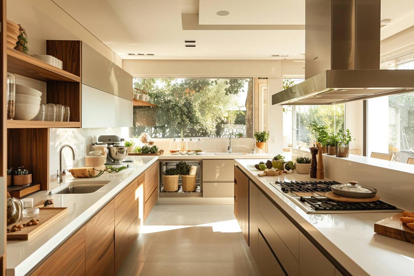 Cuisine neuve contemporaine aménagée avec meubles bas à tiroirs, colonnes de rangement et grand plan de travail lumineux