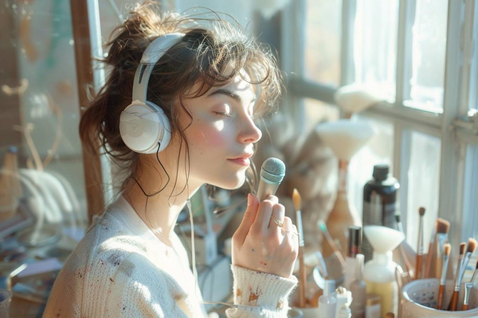 Personne détendue avec un casque audio, écoutant des sons ASMR dans une ambiance calme