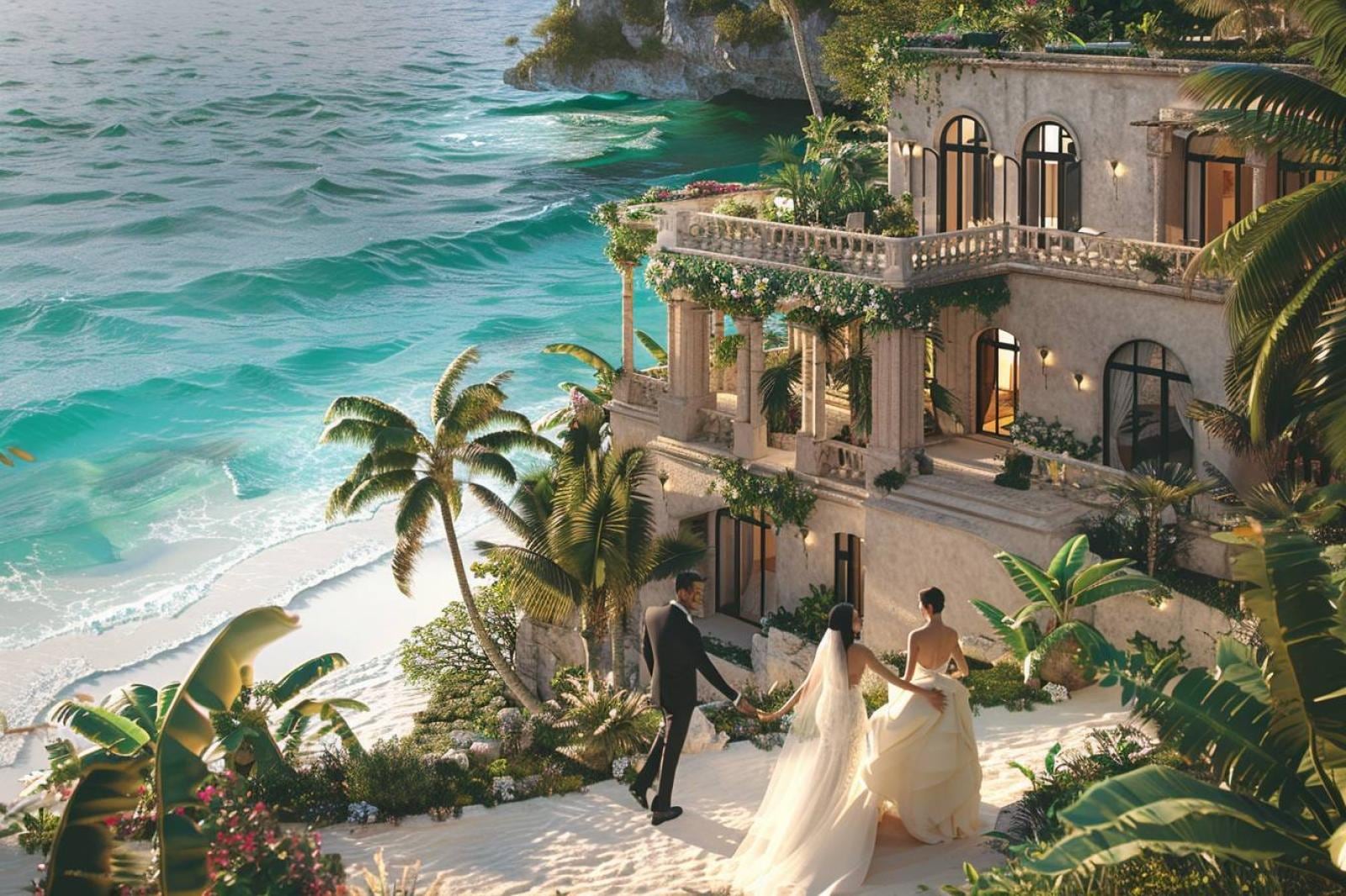 Terrasse d’une villa de luxe avec piscine privée face à une mer tropicale pour un voyage de noces