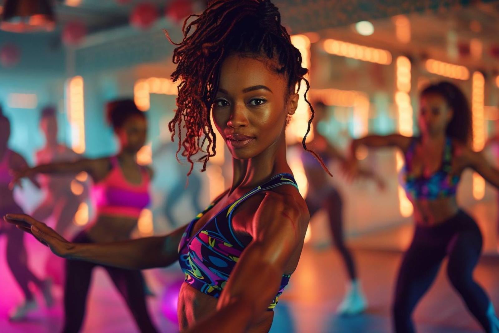 Instructrice de workout de danse guidant un groupe lors d’un cours collectif rythmé en salle de fitness