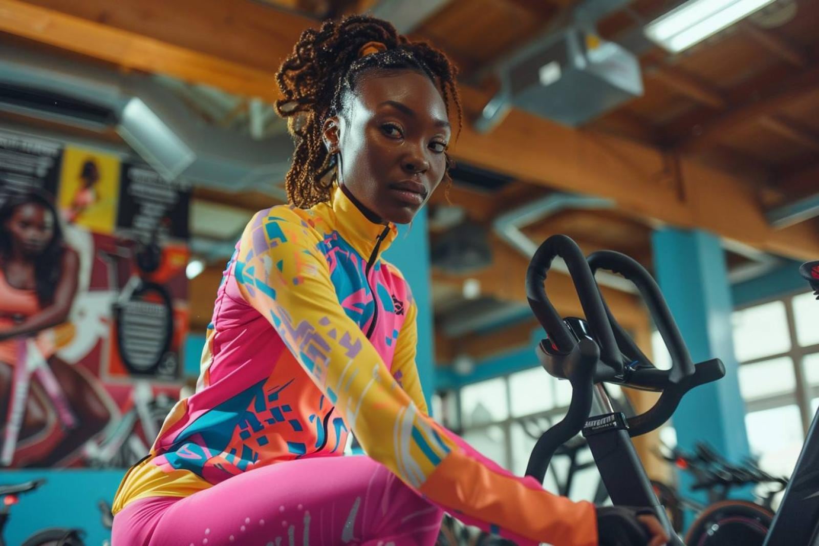 Coach animant un cours de cycling en salle pendant une séquence d’intervalles sur vélos stationnaires