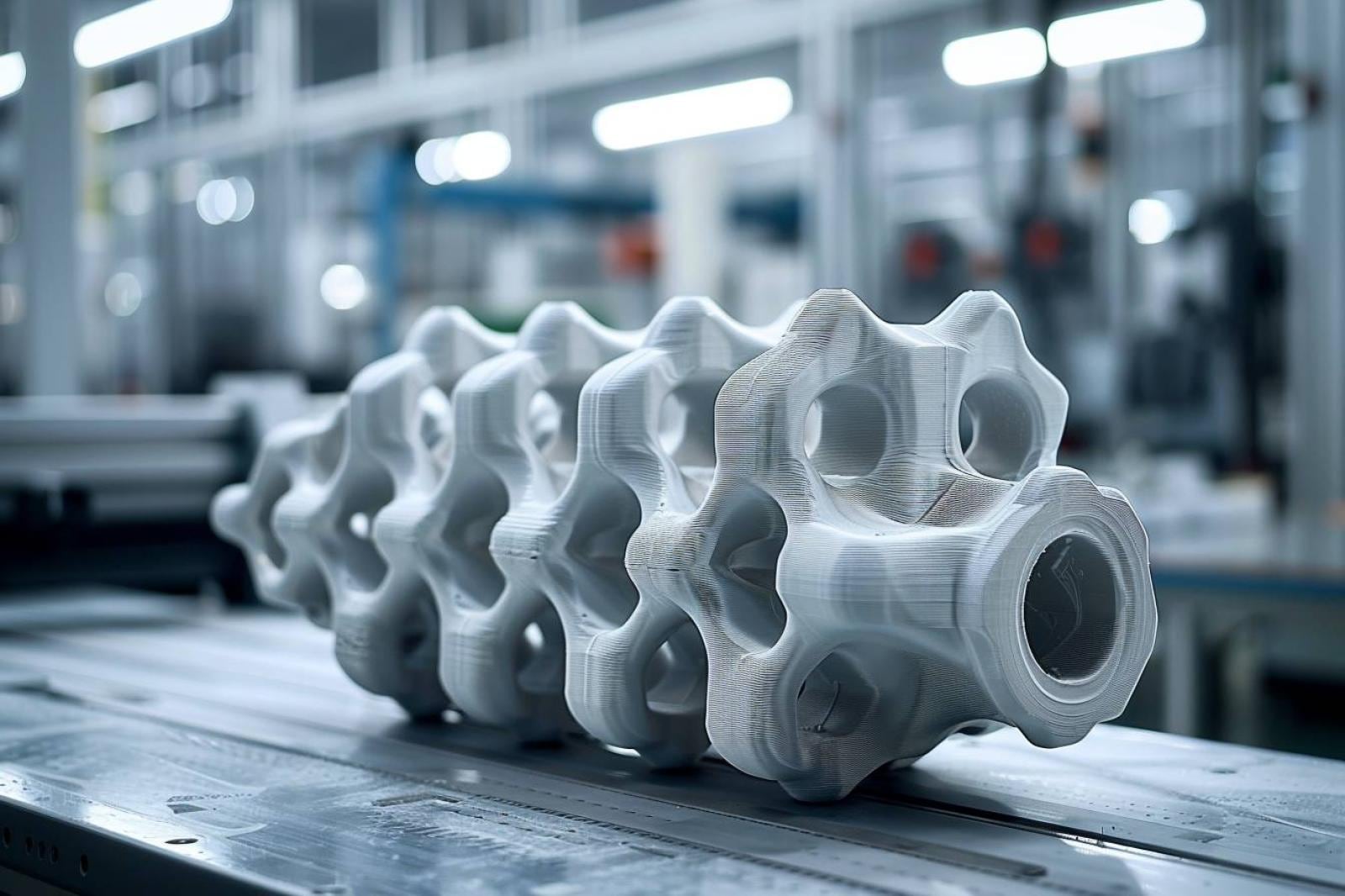 Pièces techniques blanches imprimées en SLS posées près de poudre de polyamide et d’un bac de tri industriel