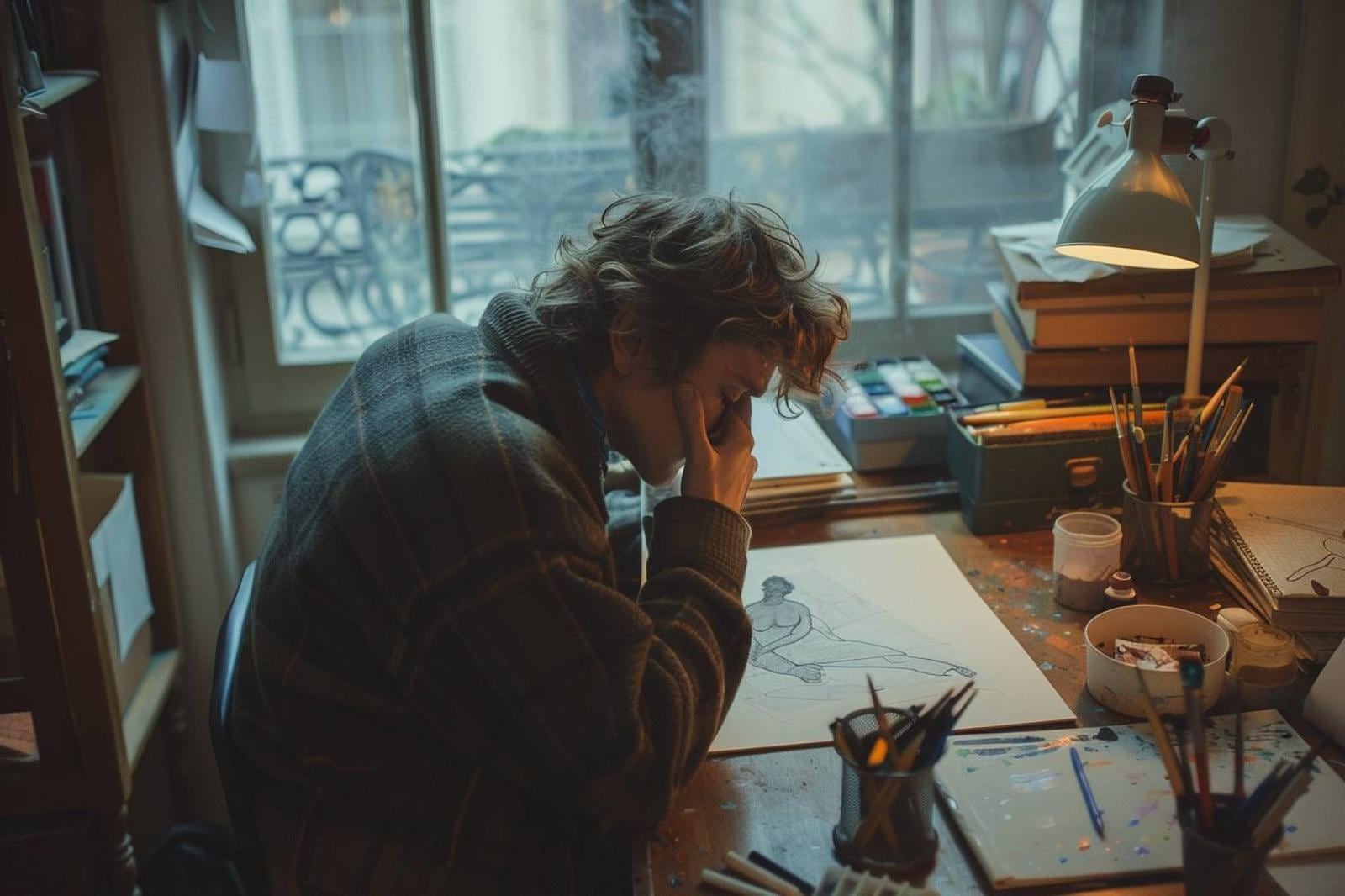 Carnet ouvert montrant des silhouettes humaines dessinées au crayon, avec des mains tenant un crayon dans un espace calme