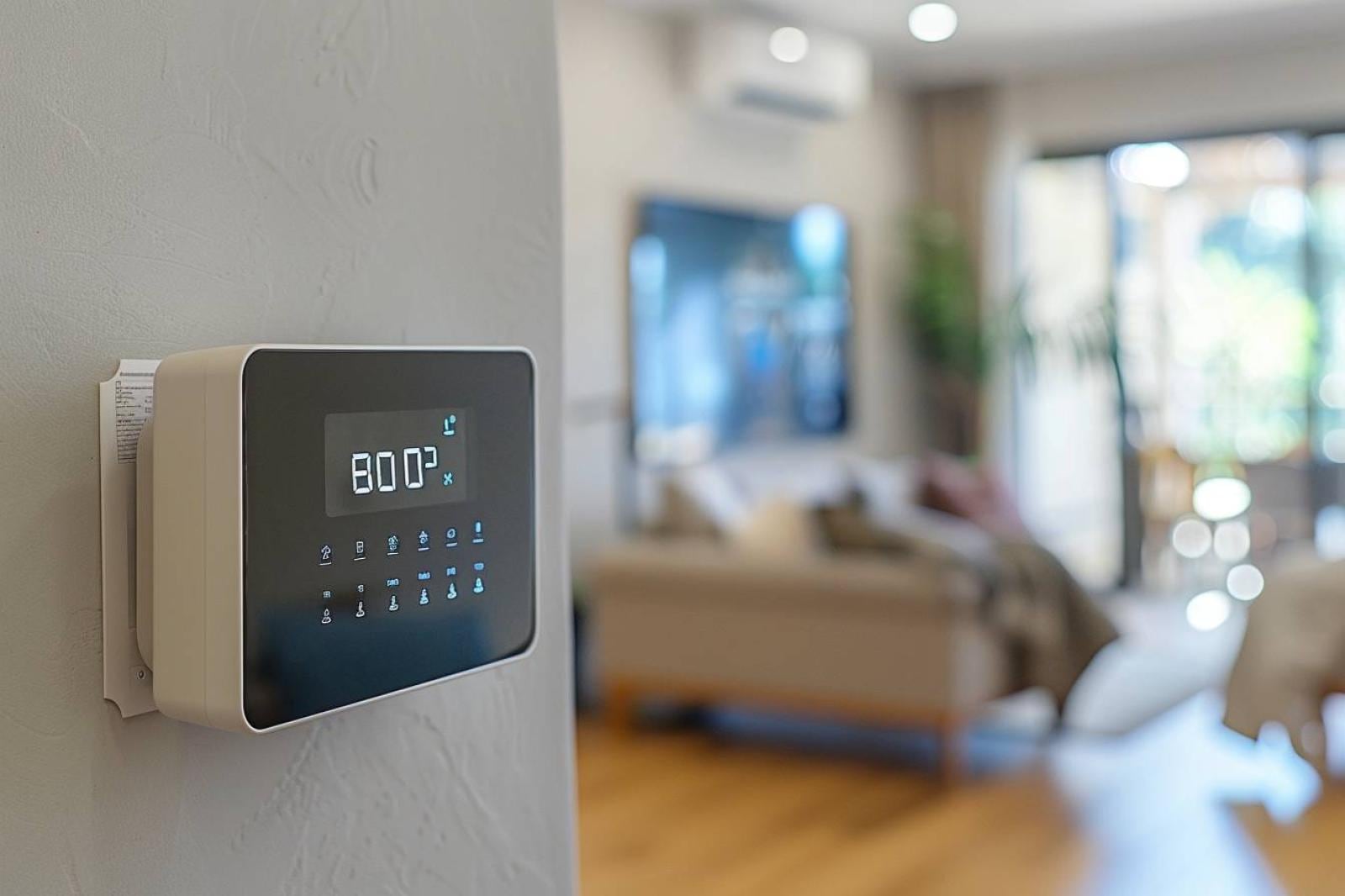 Thermopompe murale installée dans un salon lumineux d’une maison avec unité extérieure visible dans le jardin