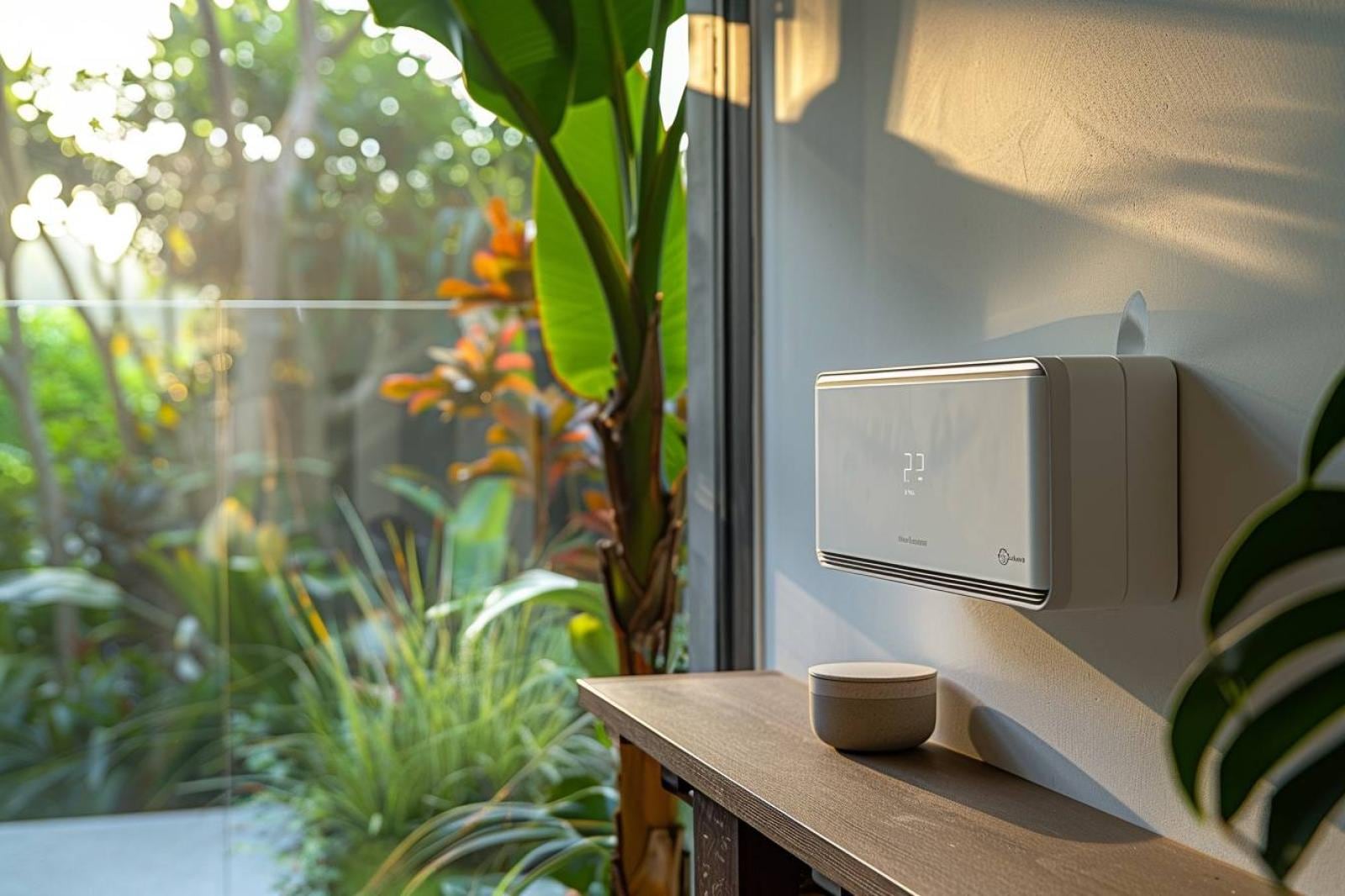 Technicien évaluant les dimensions d’une thermopompe murale dans un salon lumineux